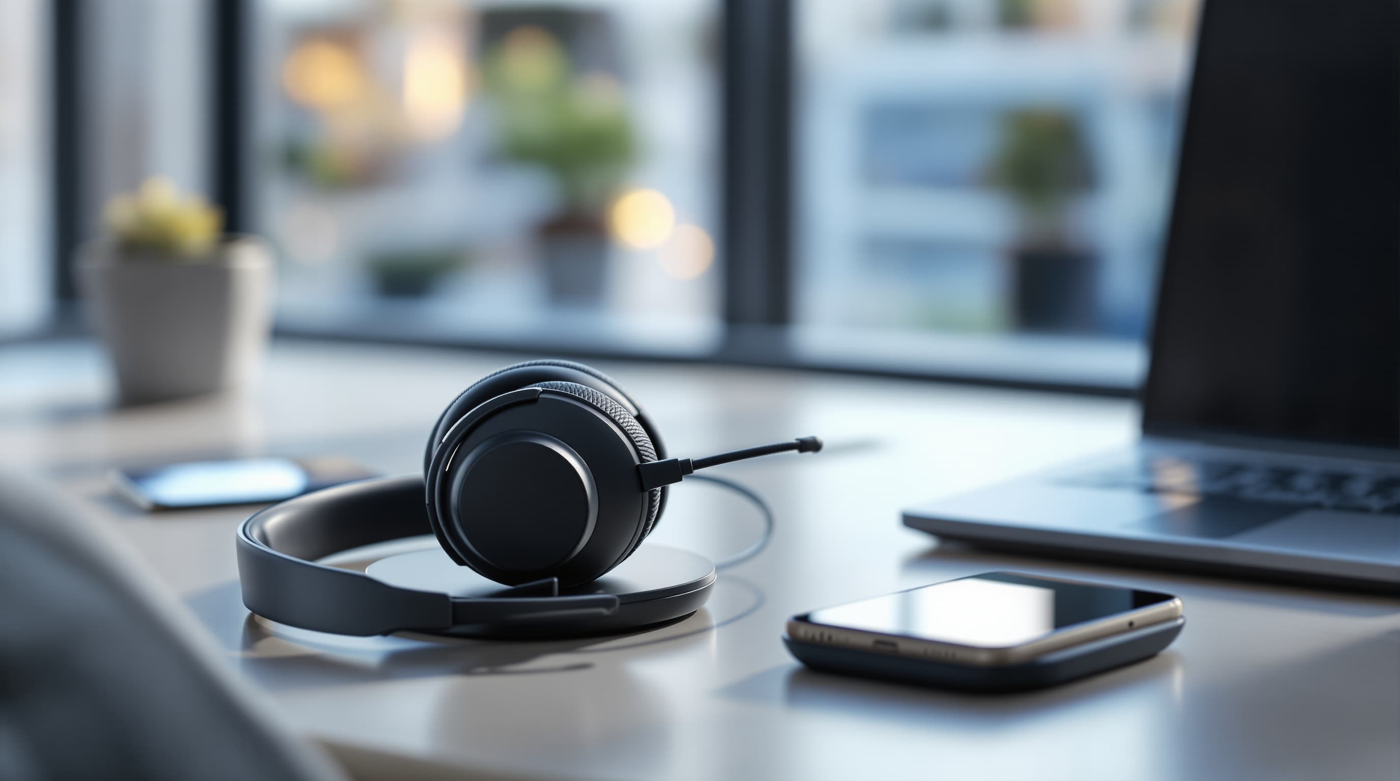 A headset on a desk next to a laptop, a bright office in the background