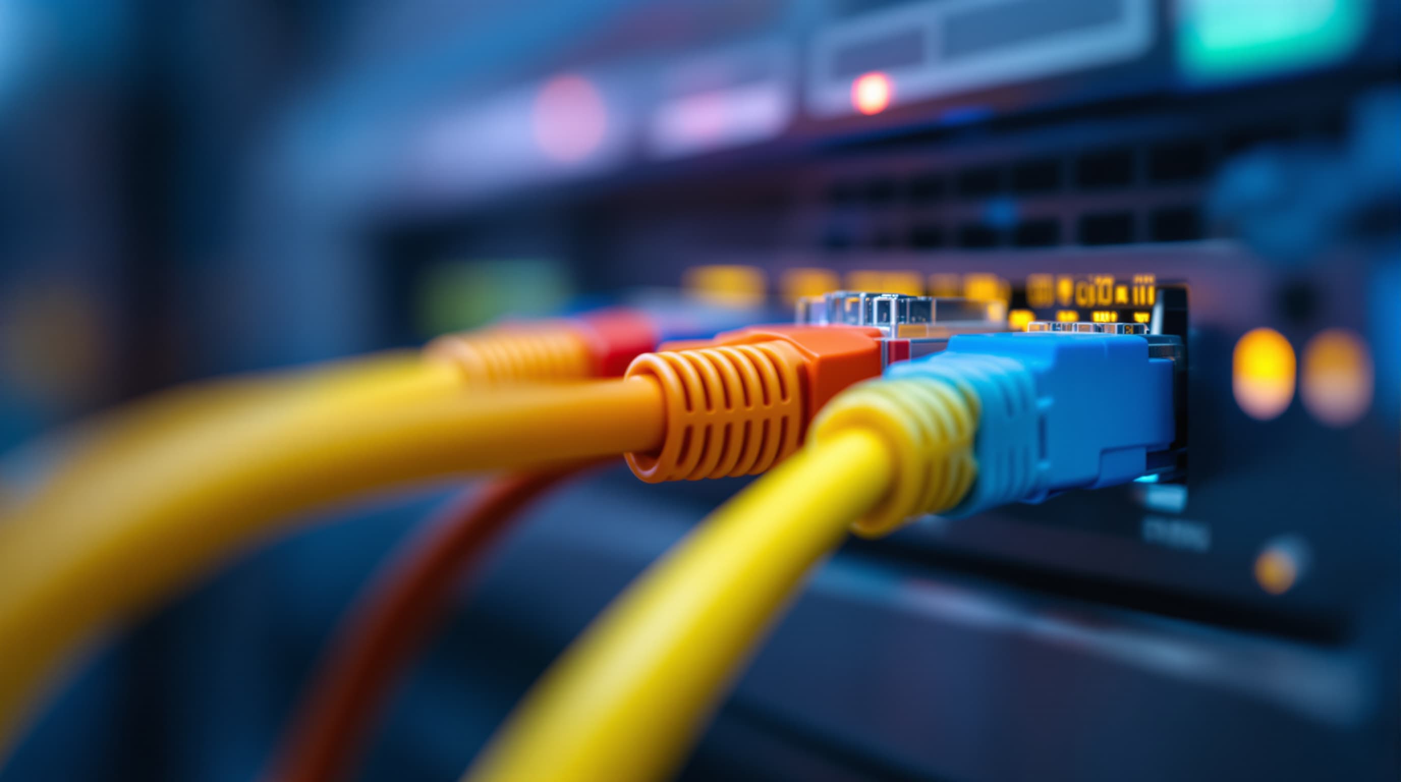 Bunte Netzwerkkabel an einem Verteiler, im Hintergrund Statusleuchten