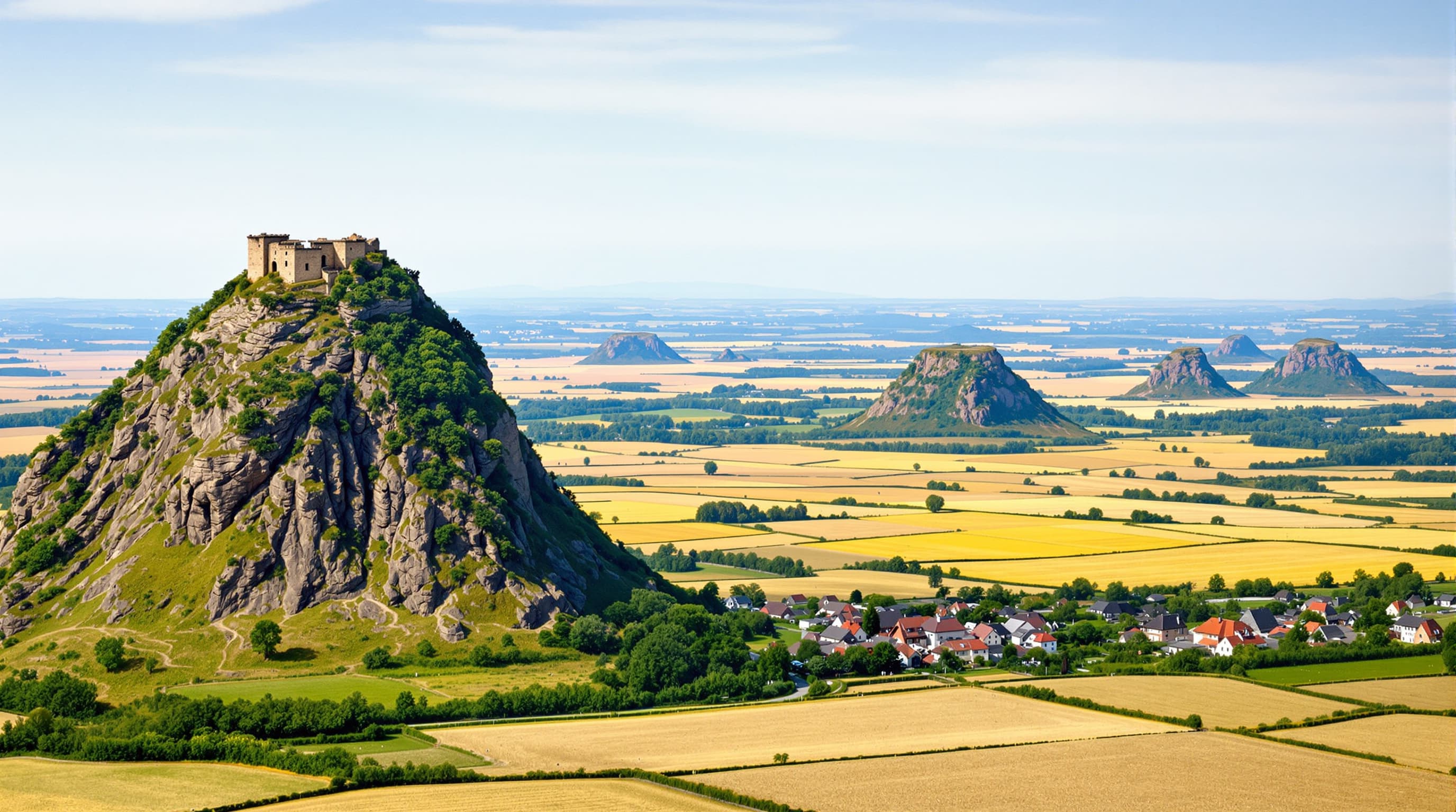 Der Hohentwiel mit seiner Burgruine hoch über der Hegau-Ebene, dahinter fünf weitere frei stehende Vulkanberge zwischen Feldern und Dörfern